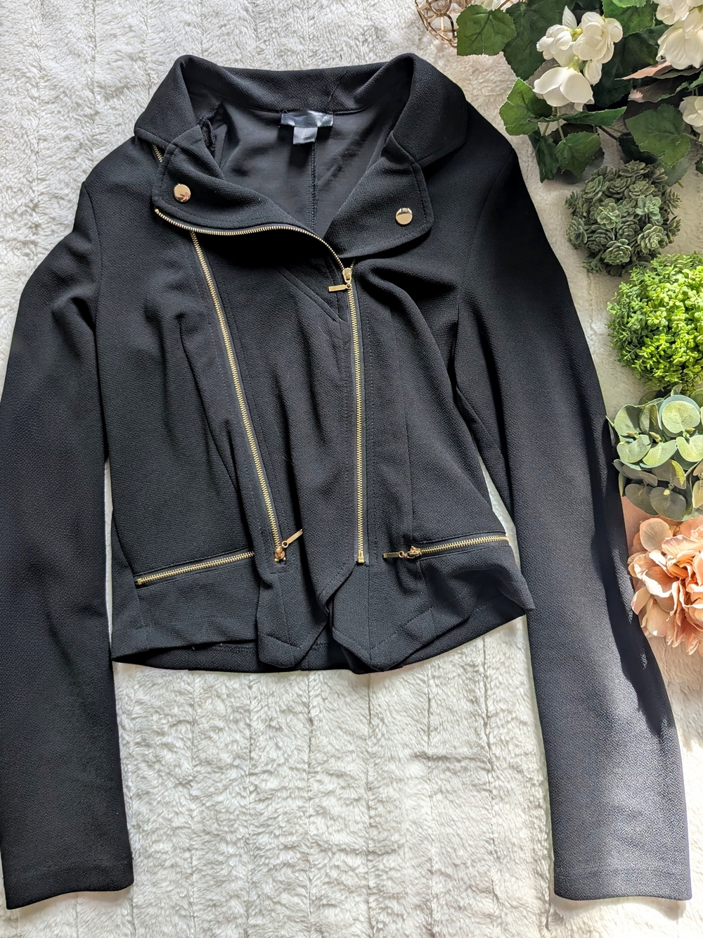 Black Moto Jacket with Gold Zippers